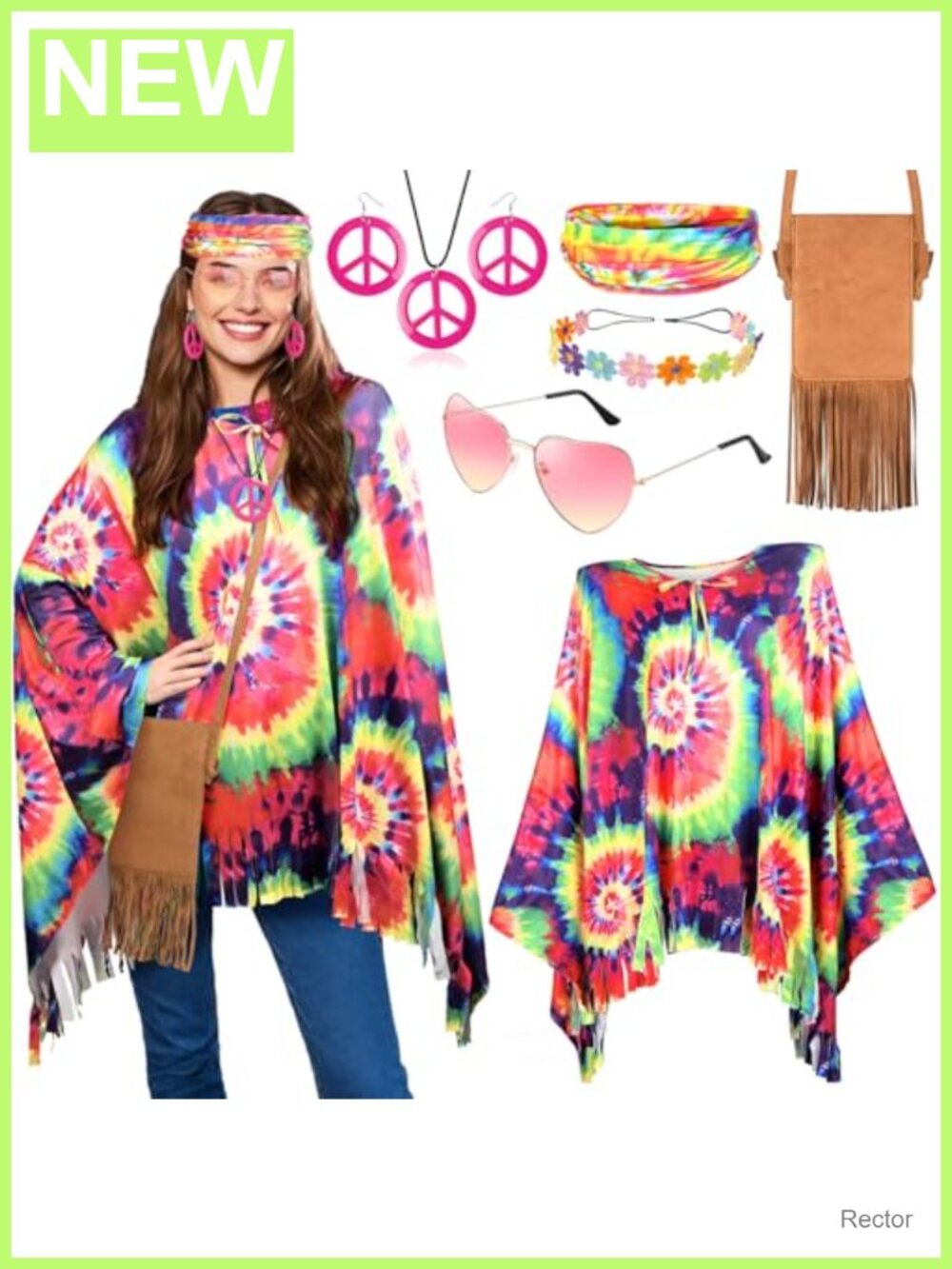 70s Hippie Costume Accessories Set Tie Dye Poncho Fringe Bag Headband